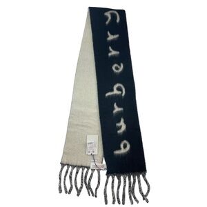 BURBERRY LOGO ALPACA-BLEND JACQUARD REVERSIBLE SCARF CHUNKY FRINGE 161181 BLK NW